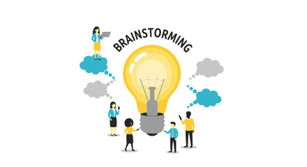 Illustrative concept of a diverse team engaging in a productive brainstorming session, sparking new ideas and fostering innovation with a central lightbulb