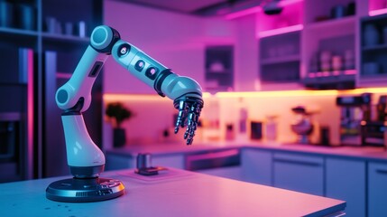 A futuristic kitchen scene featuring a robotic arm illuminated by vibrant LED lights. This AI technology enhances culinary experiences. Embrace innovation in cooking. Generative AI