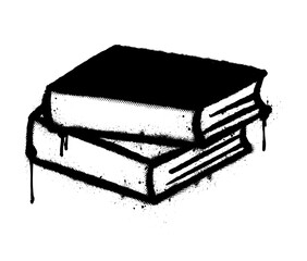 Hand drawn grunge book icon with graffiti spray and drip effect, overspray in black on white background