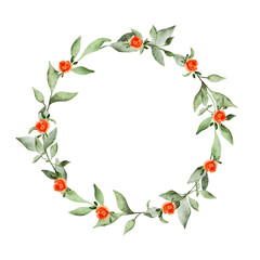 Floral wreath with green leaves and tiny red flowers. Watercolor isolated frame, hand drawn illustration for cards, invitations, wedding stationery, nursery prints, kids goods, countryside farm decor.