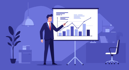 Naklejka premium Businessman Presenting Financial Data on a Whiteboard.