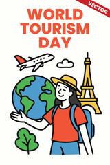 Obraz premium World Tourism Day: Cute and colourful vector illustration, A colorful tourism poster celebrating exploration, eco-friendly journeys, and cultural appreciation through inspiring global destinations.