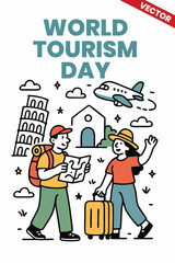 World Tourism Day: Cute and colourful vector illustration, Celebrate tourism with this poster that showcases iconic landmarks, cultural diversity, and inspiring messages for World Tourism Day