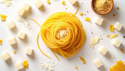 Overhead view of spaghetti, cube-shaped cheese, and grated cheese on a white surface. Bright and clean aesthetic for a culinary presentation