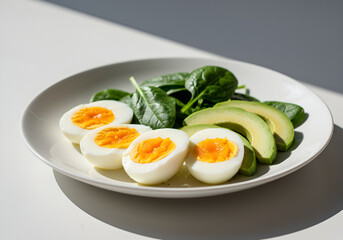 Healthy boiled eggs with avocado and spinach on white ceramic plate in natural light