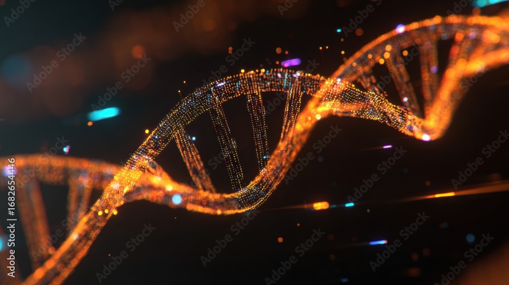Poster a detailed dna helix glows against a dark background, showcasing the complexity of genetic structure
