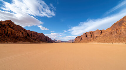 Fototapeta premium Wide shot of red sandstone cliffs in vast desert landscape under bright blue sky