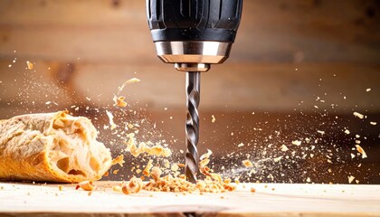 Close-up shows a power drill boring into wood, sending wood shavings flying. A baguette sits beside it, suggesting a whimsical construction/cooking project
