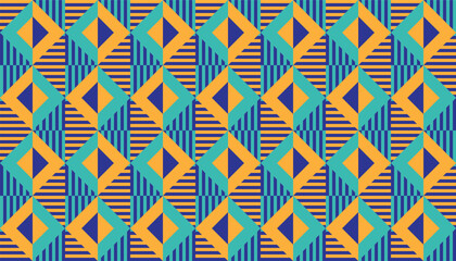 A colorful geometric design featuring rhombuses, squares, and diagonal lines. Dark blue, light blue, yellow, and turquoise combine to create a dynamic, retro-modern, and visually energizing impression