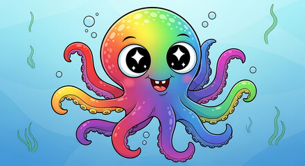 Cute rainbow octopus in an underwater scene, cartoon style.