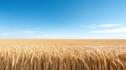 Golden wheat field under clear blue sky, showcasing nature beauty and tranquility