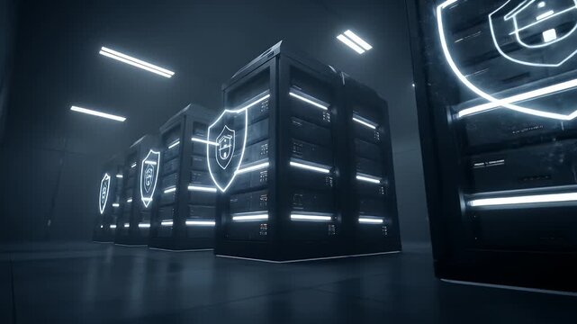 Dark server room with rows of black servers, illuminated by neon lights; glowing security shields digitally overlayed