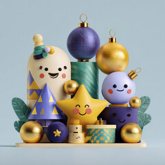 3D Cartoon Style Christmas and New Year Minimalist Illustration