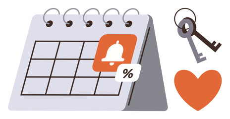 Desk calendar marked with a notification bell, percentage sign, keys, and a heart. Ideal for time management, reminders, planning, deadlines organization security relationships. Simple flat
