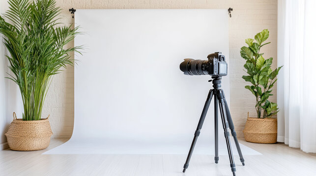 Photography setup featuring DSLR camera tripod, surrounded by indoor plants and white backdrop
