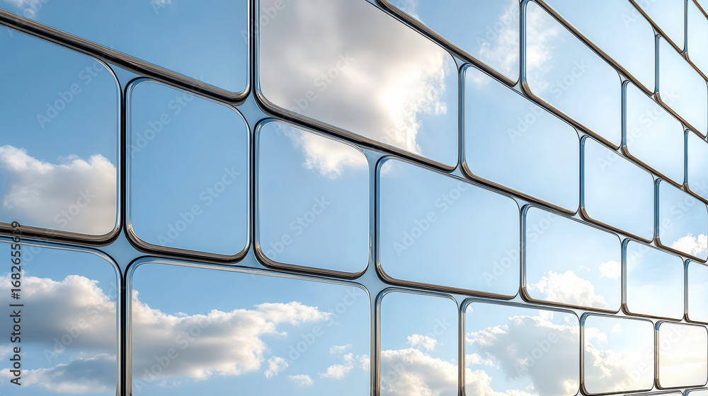 Poster mirrored facade reflecting clouds and sky, creating stunning visual effect
