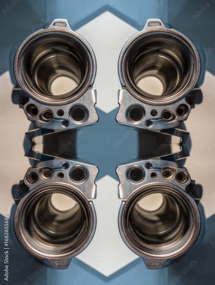Poster close-up view of two metal engine components arranged in a symmetrical layout, highlighting the prec