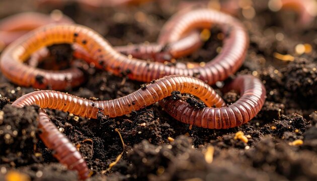 A close-up shows earthworms slithering across dark soil. The worms are pinkish-brown with segmented bodies, contrasting against the rich, dark earth