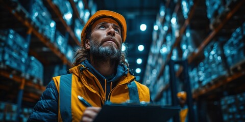 Warehouse staff checks inventory stock with precision, ensuring accuracy and smooth operations