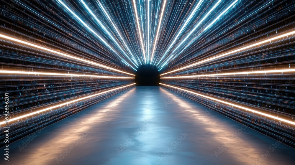 Poster glowing neon tunnel effect with vibrant light streaks creating dynamic perspective
