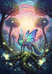 Naklejka premium Magical fantasy fox with butterfly wings and a unicorn horn in an enchanted forest