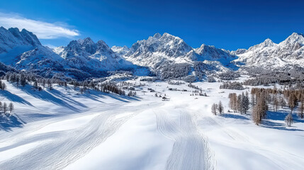Snowy landscape, alpine valley, mountain peaks, winter scenery, clear blue sky