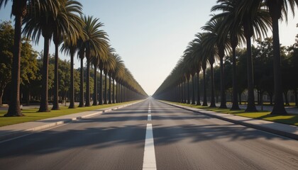 Infinite Palm Tree Boulevard: A Symmetrical Road Stretching to a Hazy Vanishing Point