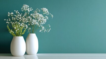 Obraz premium Two white vases with green plants and babys breath flowers on a white surface against a teal wall, and minimalistic and elegant home decor composition.