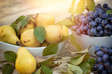 Ripe pears and grape in a bowl close up, sweet and tasty healthy vegetarian food
