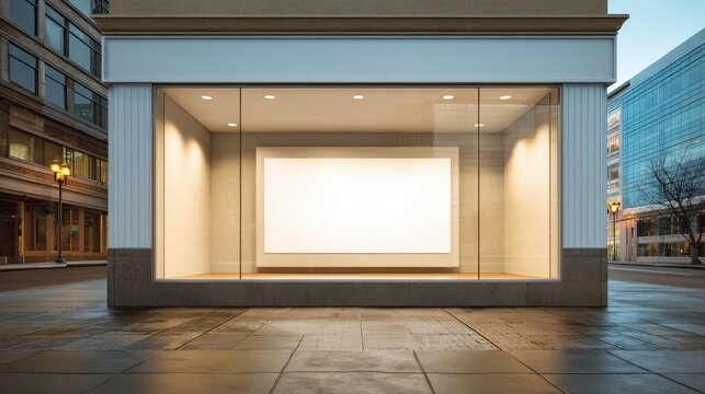 Vacant Retail Space, an unoccupied storefront with a clear window showcasing an empty mockup display, highlighting the potential for new business opportunities