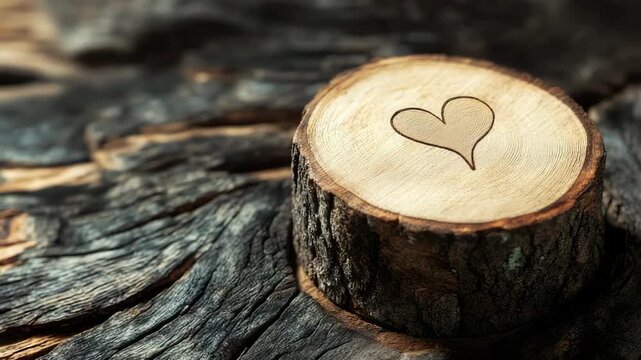 Heart engraved on tree trunk slice textured wooden surface