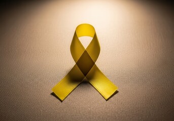 A single yellow awareness ribbon placed on a textured beige surface, with soft shadows and warm lighting.