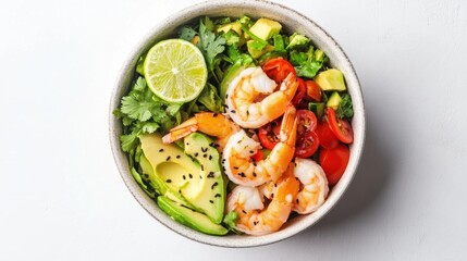 Fresh Shrimp Salad Bowl with Avocado, Tomatoes, Lime, and Cilantro on a White Background