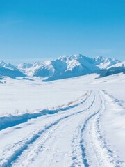 Fototapeta premium Snowy Landscape with Mountain Range and Tire Tracks