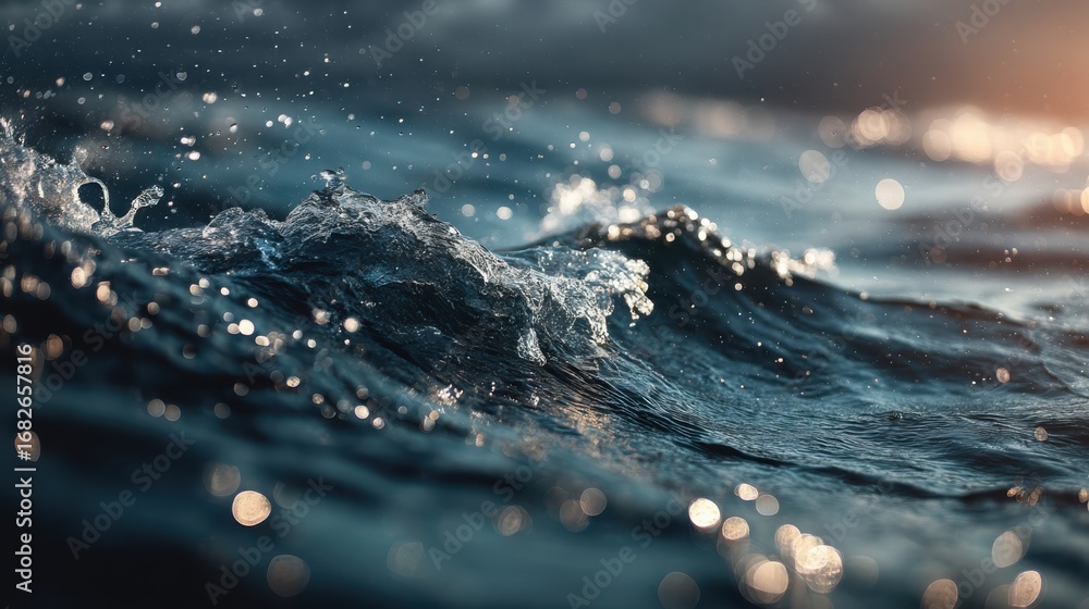 Poster a close-up of shimmering ocean waves with dynamic movement and sparkling highlights under soft natur