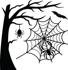 Spooky halloween silhouette tree spiderweb bat and hanging spider with eerie atmosphere for holiday decorations vector