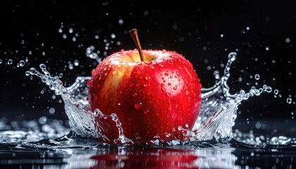 Fresh red apple splashes into water. Droplets arc outwards against a dark backdrop, creating a dynamic scene of moisture and freshness