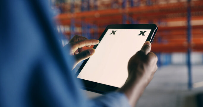 Hands, logistics and man in warehouse, tablet screen and mockup space with shipping report. Closeup, person and employee in factory, tech or distribution with email for delivery, app or inventory