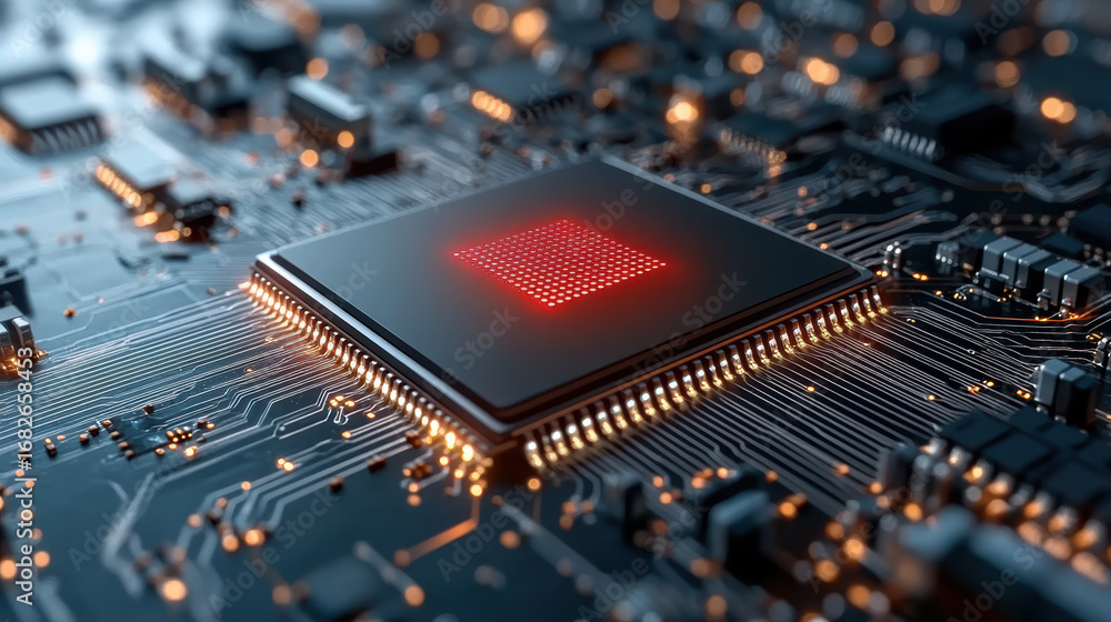 Poster high tech microchip with glowing red light circuit board, showcasing advanced technology