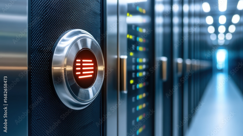 Poster high tech server room with blinking red warning light and sleek metallic panel