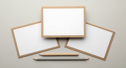 Three blank white cards with brown borders and scalloped edges are arranged with two pencils on a neutral background, ideal for stationery or creative projects