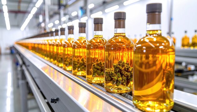 Bottles filled with amber liquid moving on a conveyor belt in a brightly lit industrial setting. Repetitive pattern and focus on product manufacturing