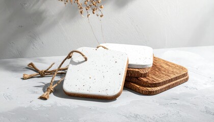 Trio of cutting boards two terrazzo style and one wood, are stacked on a grey surface with sunlight and a plant casting shadows