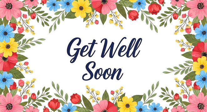 Get well soon greeting card with colorful floral border and text on white background, perfect for sending wishes of recovery and cheer to someone who is unwell