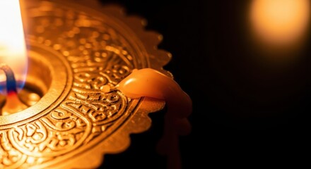 Close-up of ornate metal with melting candle wax in warm light