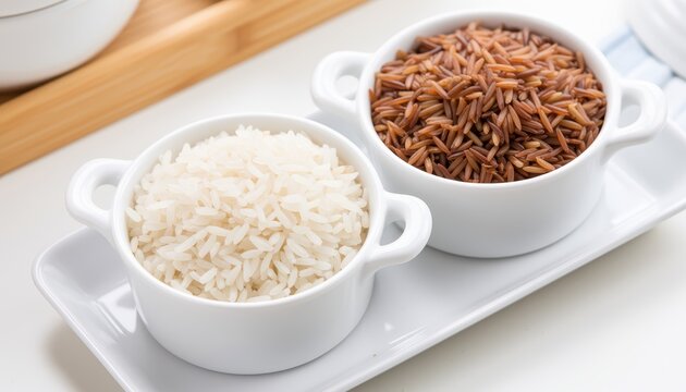 Cooking techniques comparing brown and white rice kitchen food photography indoor close-up culinary insights