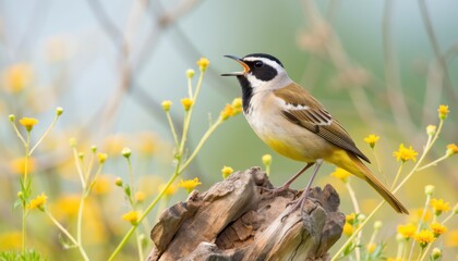 Fototapeta premium Singing bird in vibrant flower field nature photography outdoor scene close-up perspective