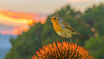 A small bird with a yellow breast perched on a spiky, orange flower head against a blurred backdrop of trees and a colorful sunrise