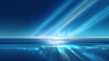 A blue abstract background featuring light streaks and a reflective surface, showcasing a modern and futuristic design.