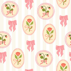 Coquette trellis floral seamless pattern. Preppy background with ribbon bow and flowers. Vintage design for fabric, wallpaper or wrapping paper. Vector botanical elegant trendy print